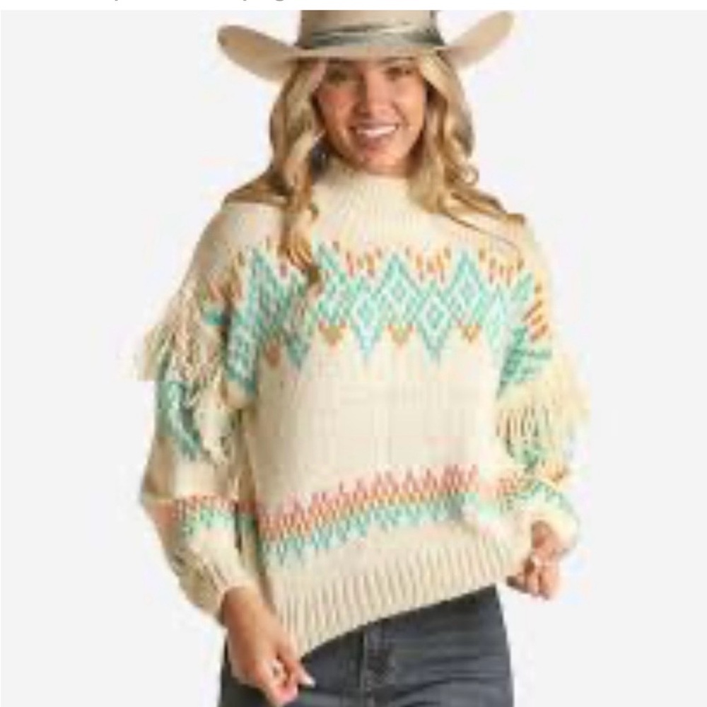 A Classy Chic Boutique Cream Sweater with Teal and Orange Accents